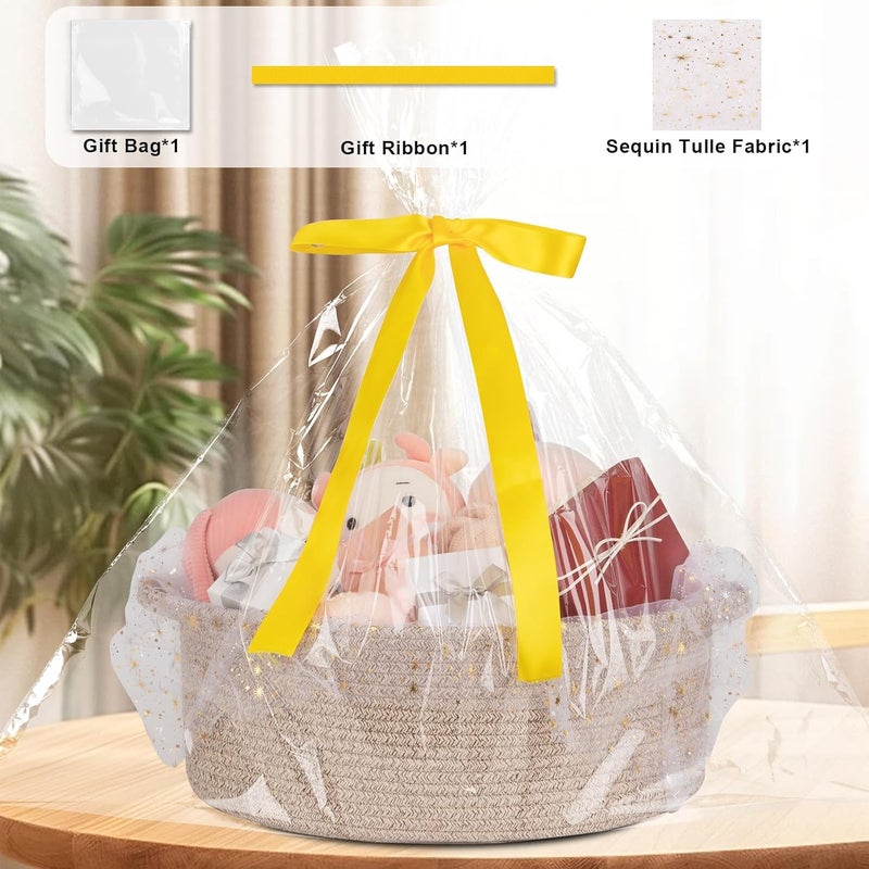 OIAHOMY Large Gift Basket Empty 17" x 12.6" x 7", Storage Basket with Gift Bag, Ribbon and Glitter Tulle for DIY Anytime, Toy Storage for Kids, Dogs with Handles in A Stylish Design - Brown - Image 3